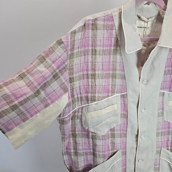 NWOT Nicholas Daley Linen Mento Patchwork Button Shirt Pink Beige Streetwear XL - Picture 3 of 8